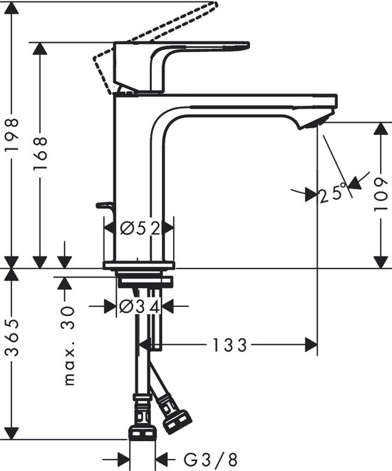 Technische tekening met afmetingen van een wastafelkraan.