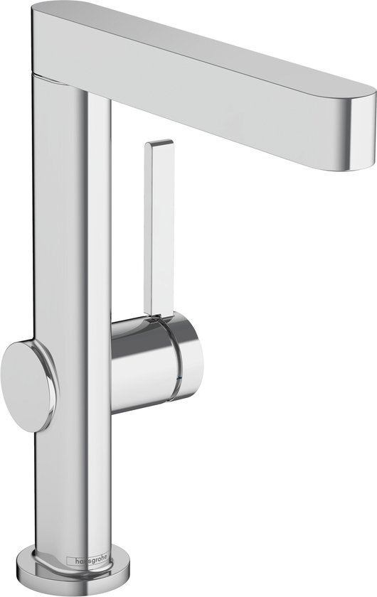 Chromen wastafelkraan met strak, rechthoekig design.