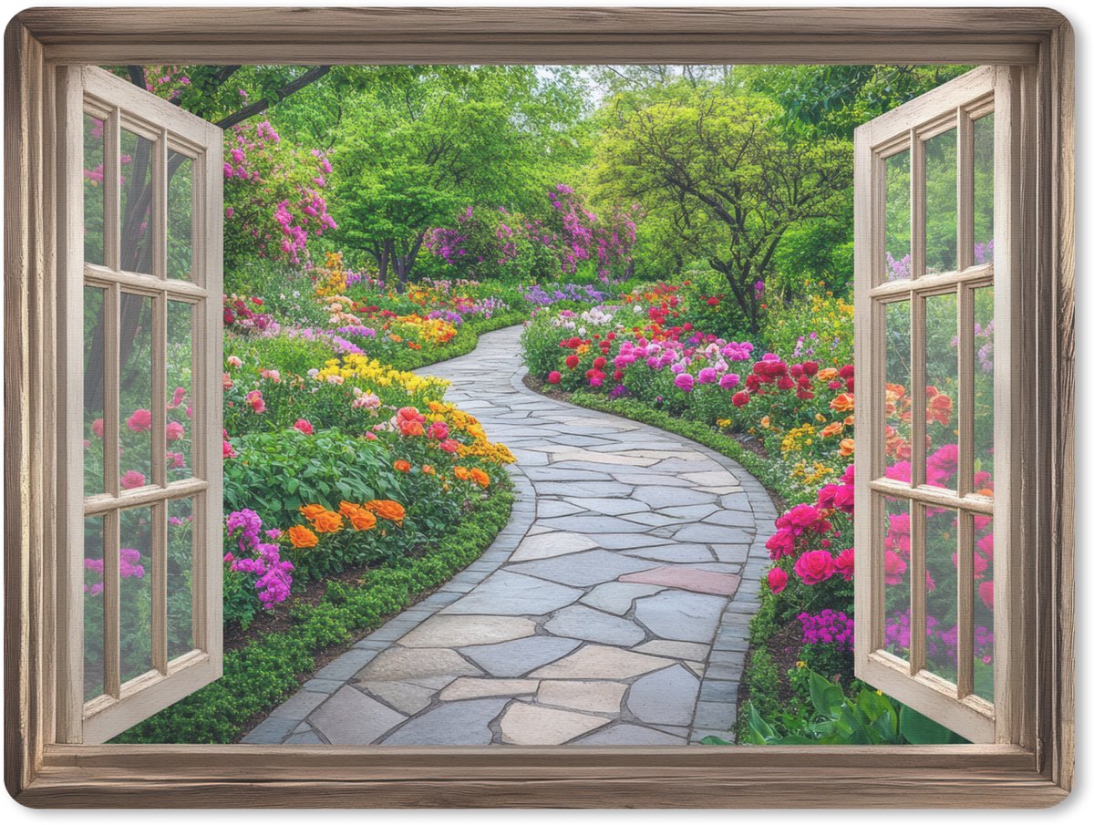 Muismat 23x19 cm - Mousepad Doorkijk - Bloemen - Tuinpad - Natuur - Raam - Muismatten