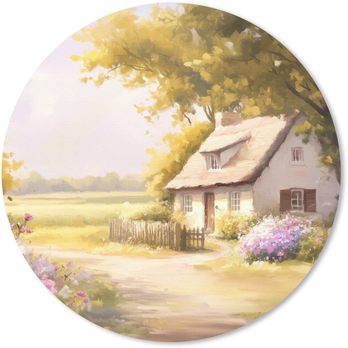 Muismat rond 50x50 cm - Mousepad Huisje - Hout - Bloemen - Ronde muismatten