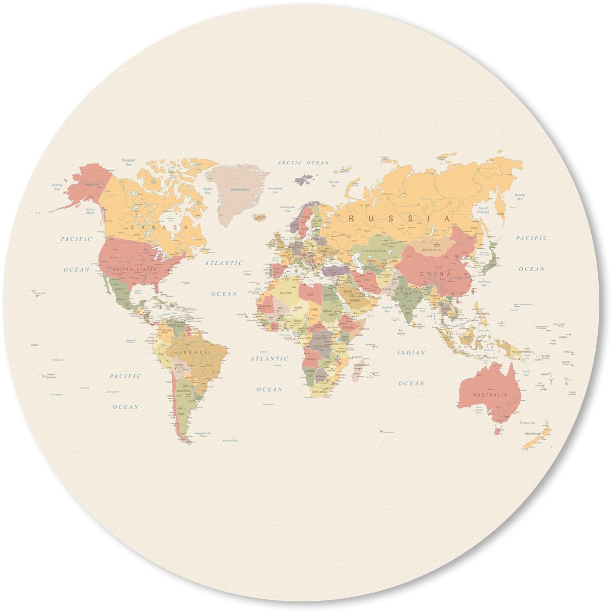 Muismat rond 20x20 cm - Mousepad Wereldkaart - Realistisch - Beige - Ronde muismatten