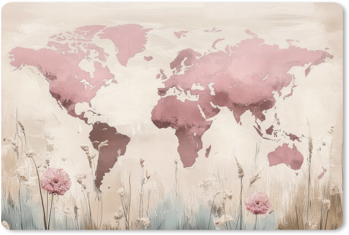 Muismat 27x18 cm - Mousepad Wereldkaart - Roze - Bloemen - Muismatten