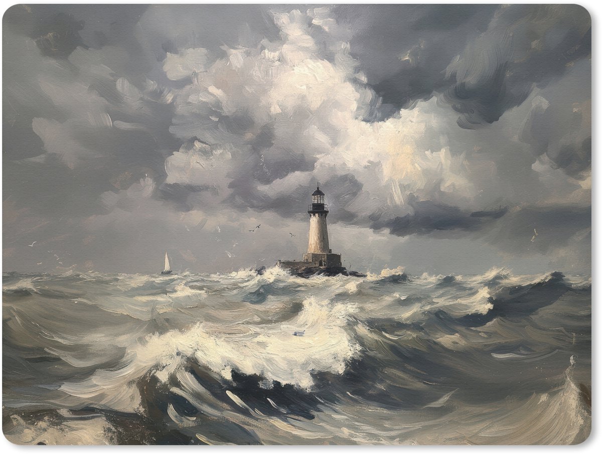 Muismat 23x19 cm - Mousepad Vuurtoren - Golven - Storm - Muismatten