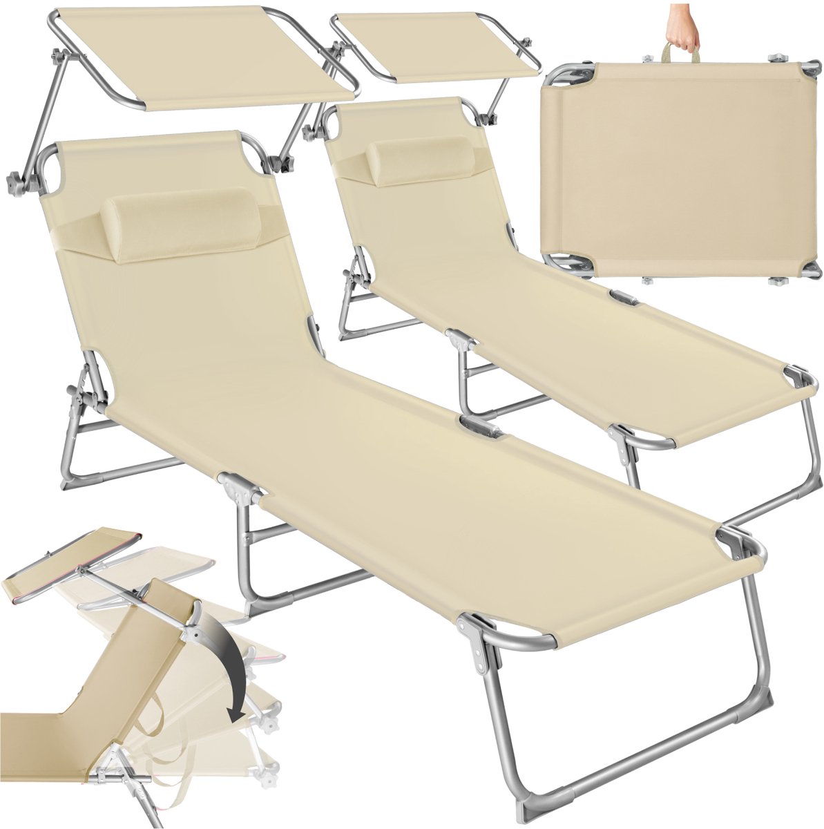 Bol.com tectake® Ligbedden met Zonnescherm - Set van 2 Zonnebedden - 190 x 68 x 111 cm - 4 standen - Inklapbaar - Met Handgreep ... aanbieding