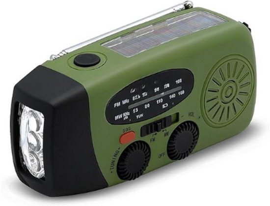 Noodradio - Solar Opwindbaar - Solar powerbank - 2000mAh - Zonneenergie - Survival Noodpakket - Zaklamp Oplaadbaar - AM/FM - Noodrantsoen -Groen
