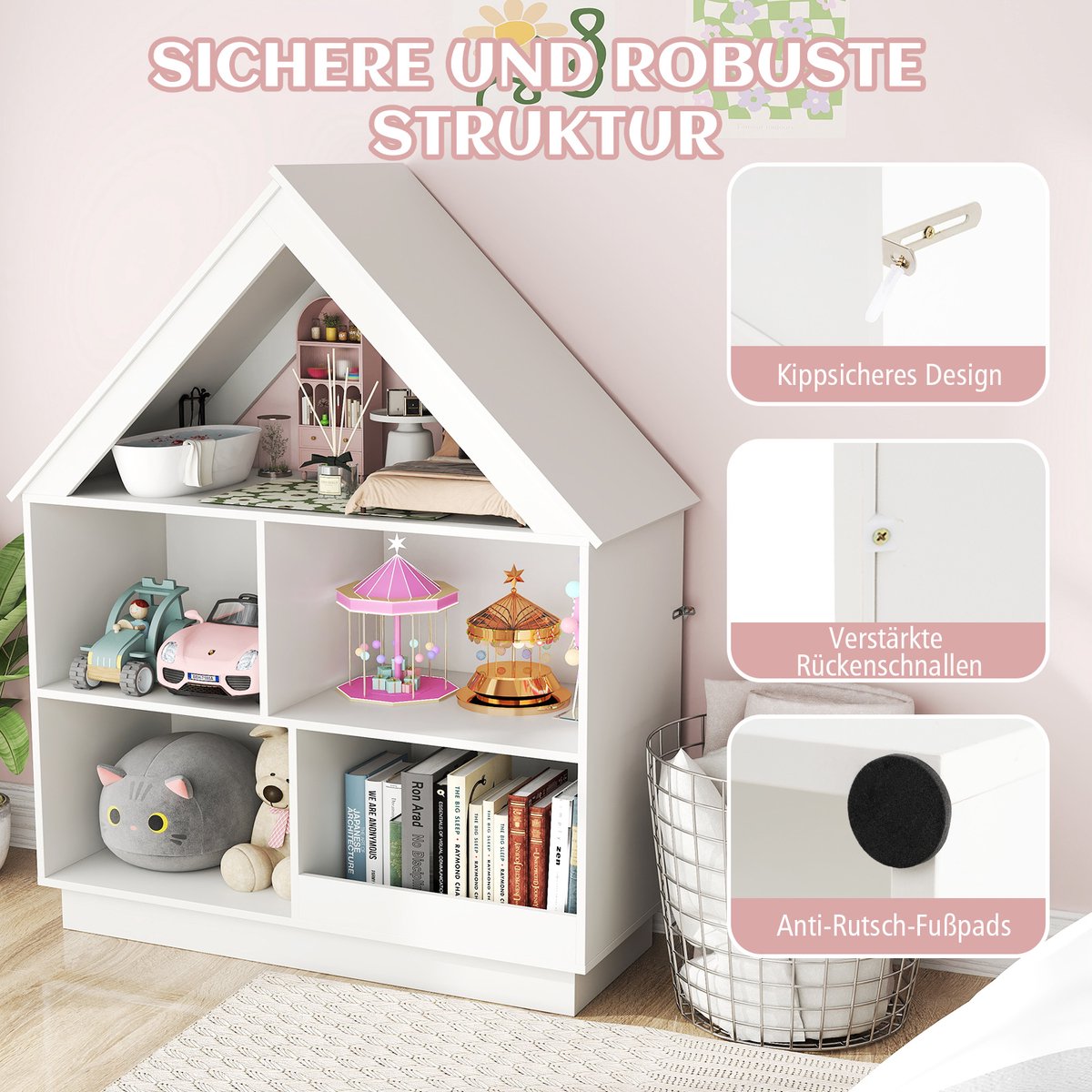 COSTWAY Kinderrek In Huisvorm Met Kledingstang, Boekenrek Voor Kinderen Speelgoedrek Met Planken Zijmanden En 4 Opbergdozen Speelgoedorganizer Speelgoedkast Voor Kinderkamer Roze