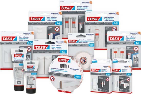 Vue d'ensemble des produits adhésifs tesa Powerstrips tels que clous adhésifs, rubans et crochets pour différentes capacités et surfaces.