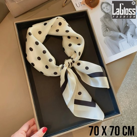LaGloss® Luxe Vintage Zwart Witte Gestipte Polka Sjaal - Winddicht & Zonbeschermend - Hoofddoek - Haar accessoire - Zwart/Wit Kleurblok - Vierkant - 70 x 70 cm %%