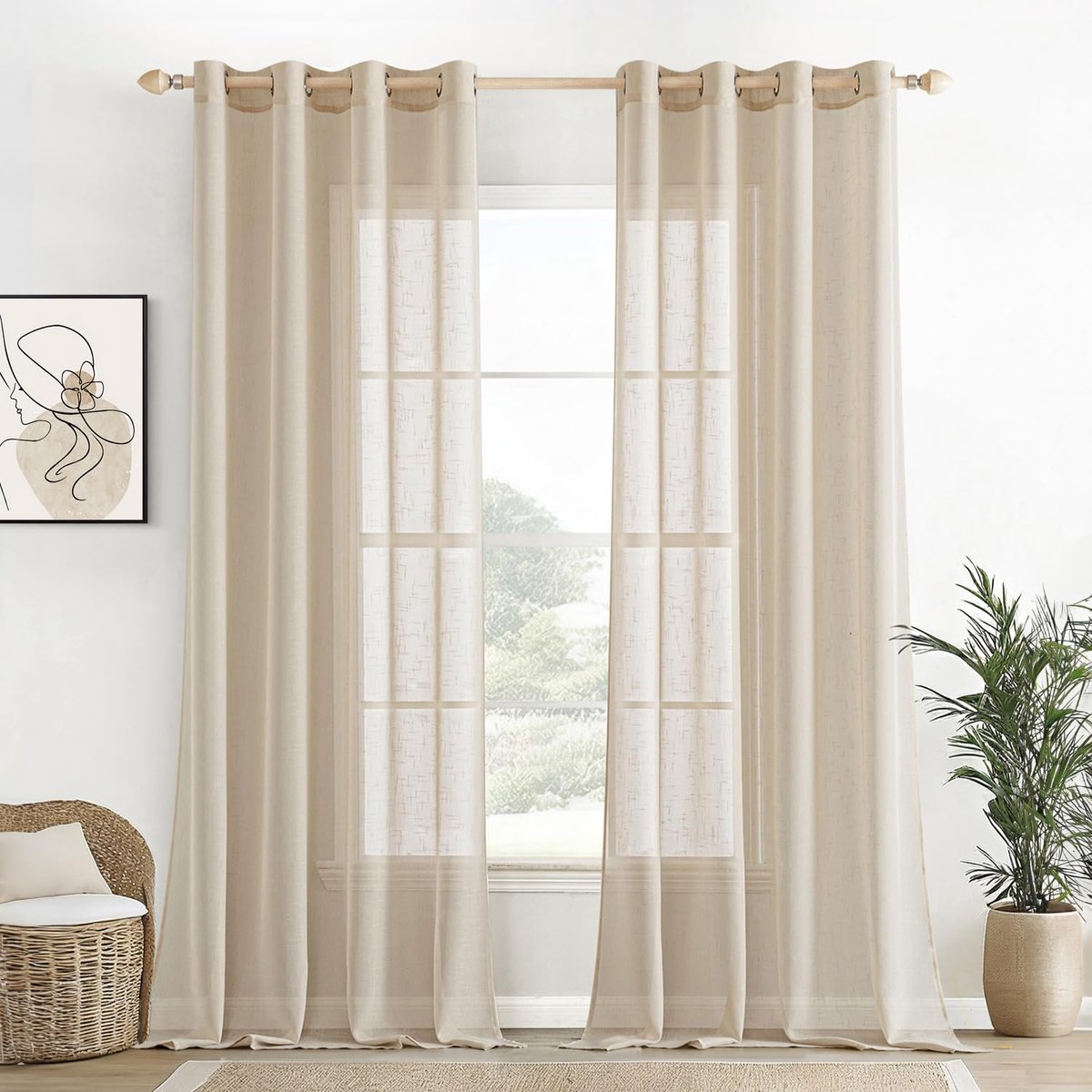 Unyqoos ® Transparante Linnen Voile Gordijnen Set met Oogjes voor Woon- en Slaapkamer, 140 x 245 cm, Beige
