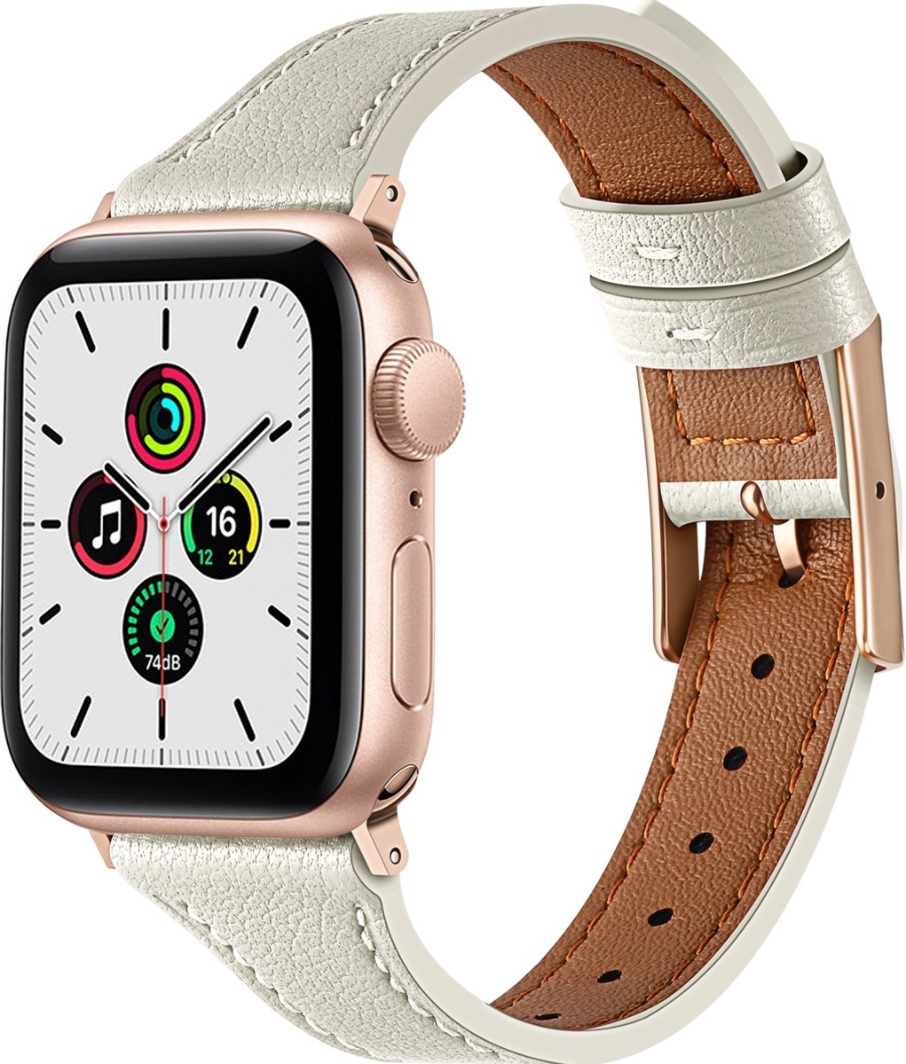 Mobigear Leren Watch bandje geschikt voor Apple Watch Bandje Gespsluiting | Mobigear Napoli - 42/41/40/38 mm - Wit