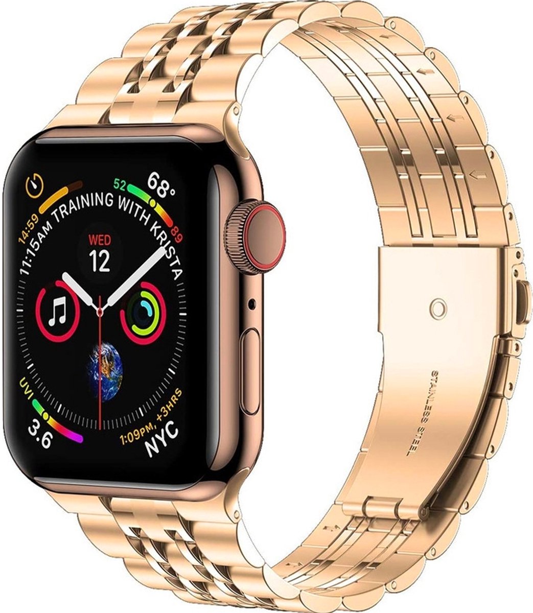 Mobigear Stalen Watch bandje geschikt voor Apple Watch Bandje Vouwsluiting | Mobigear Monaco - 49/46/45/44 mm - Roségoud