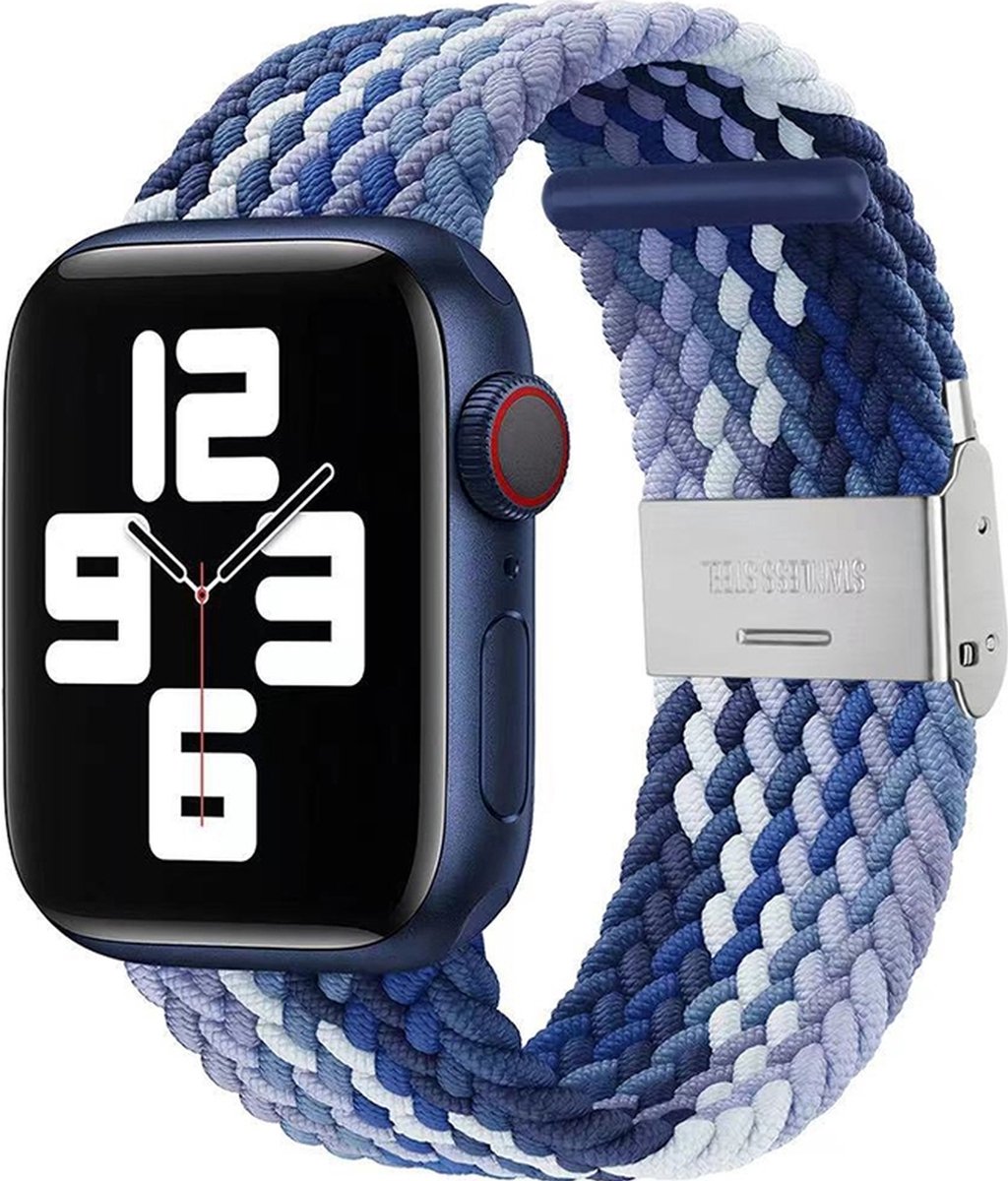 Mobigear Nylon Watch bandje geschikt voor Apple Watch Bandje Klemsluiting | Mobigear Braided - 49/46/45/44 mm - Wit / Blauw