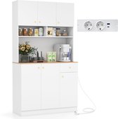 COSTWAY Keukenkast van hout, buffetkast met stopcontacten en USB-poorten, hoge kast voor keuken met verstelbare planken, opbergkast voor keuken, eetkamer, woonkamer, 100 x 40 x 181 cm, wit