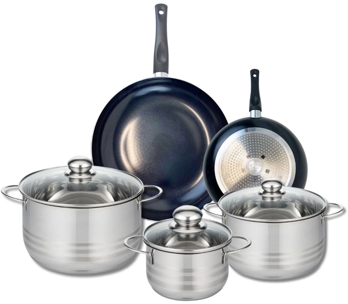Set van 2 Koekenpannen 20 en 28 cm en 3 Kookpotten 16, 20 en 24 cm Elo Prima Glanzend