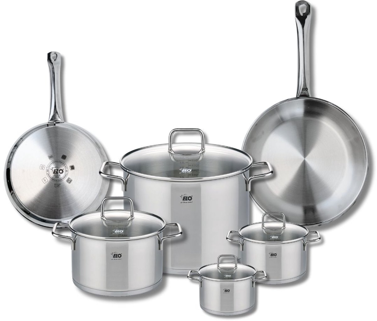 Set van 2 Koekenpannen 24 en 28 cm en 4 kookpotten 12, 14, 20 en 26 cm Elo Profi Citrin