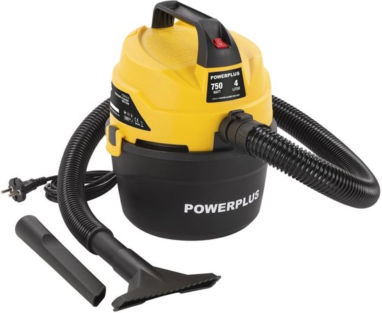Gele en zwarte Powerplus nat-droog stofzuiger met slang, spuitmond en stekker.