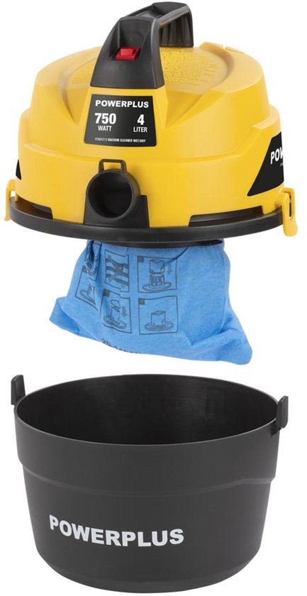 Gele en zwarte Powerplus nat-droog stofzuiger met losse tank, 750W, 4L, en blauwe stofzak.
