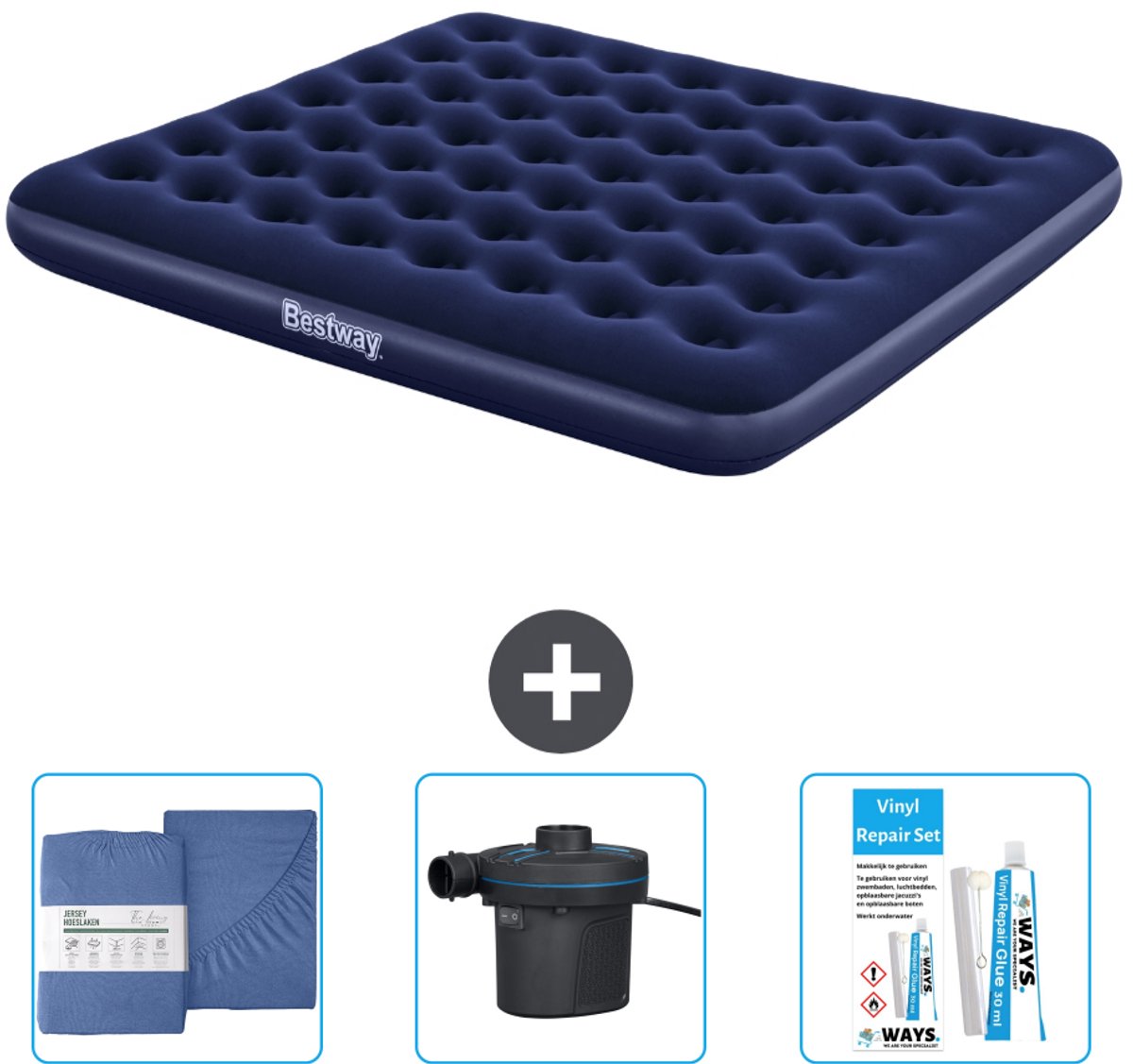 Bestway luchtbed - 2-Persoons - 183 x 203 x 22 cm - Blauw - Inclusief Hoeslaken - Pomp en Reparatieset