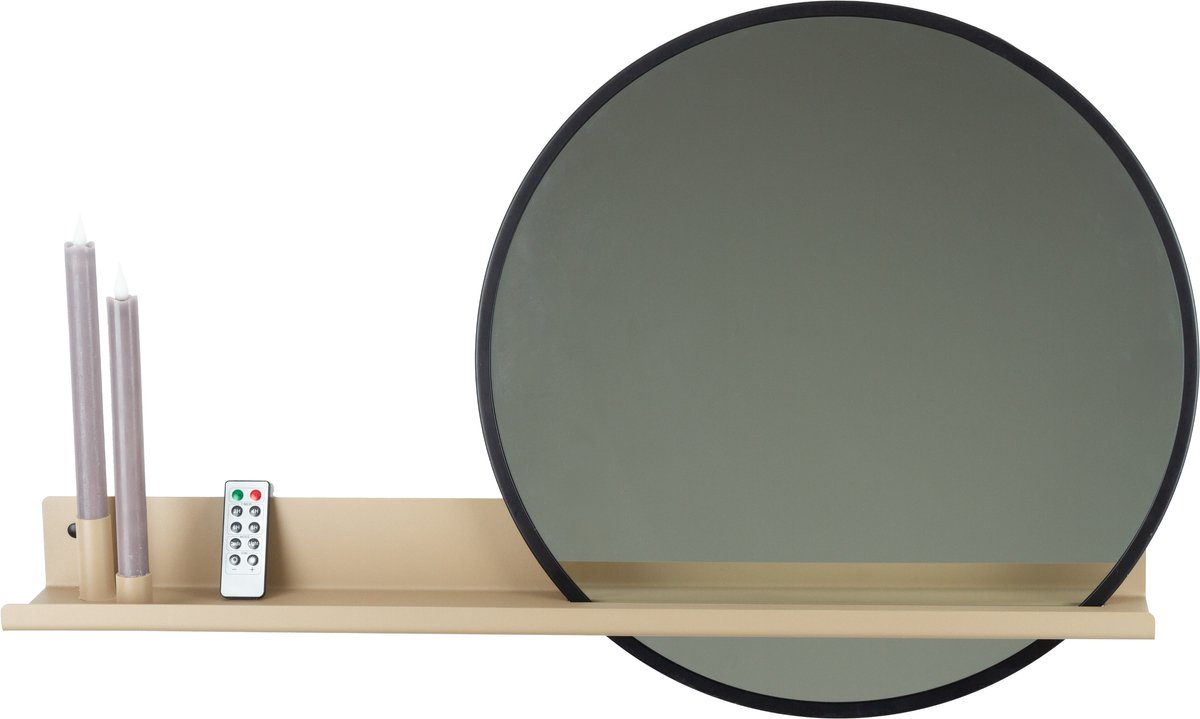 By Bresi - Wandplank Candelo Beige met spiegel en kaarsen - Industrieel - Wandspiegel - Hal - Toilet - Badkamer - Woonkamer - Spiegel - Spiegelplank
