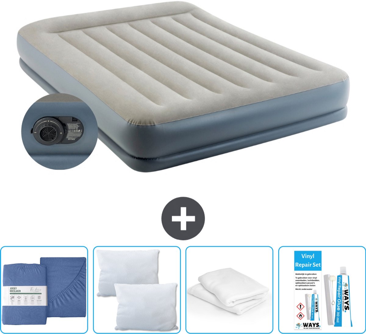 Intex Luchtbed - 2-Persoons - 152 x 203 x 30 cm - Grijs - Inclusief pomp - Hoeslaken - Kussen - Reparatieset en Kussenbeschermer