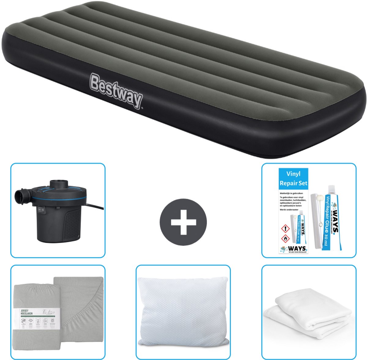 Bestway luchtbed - 1-Persoons - 76 x 185 x 25 cm - Groen - Inclusief Hoeslaken - Kussen - Kussenbeschermer - Pomp en Reparatieset