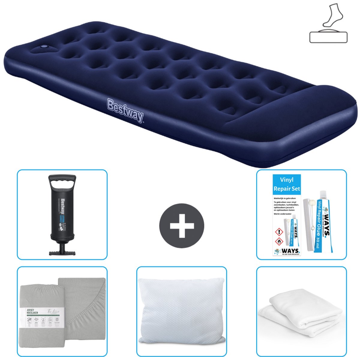Bestway luchtbed - 1-Persoons - 76 x 185 x 28 cm - Blauw - Inclusief pomp - Hoeslaken - Kussen - Kussenbeschermer - Pomp en Reparatieset