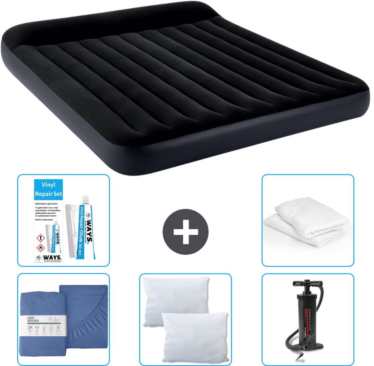 Intex Luchtbed - 2-Persoons - 183 x 203 x 25 cm - Donkerblauw - Inclusief Hoeslaken - Kussen - Pomp - Reparatieset en Kussenbeschermer