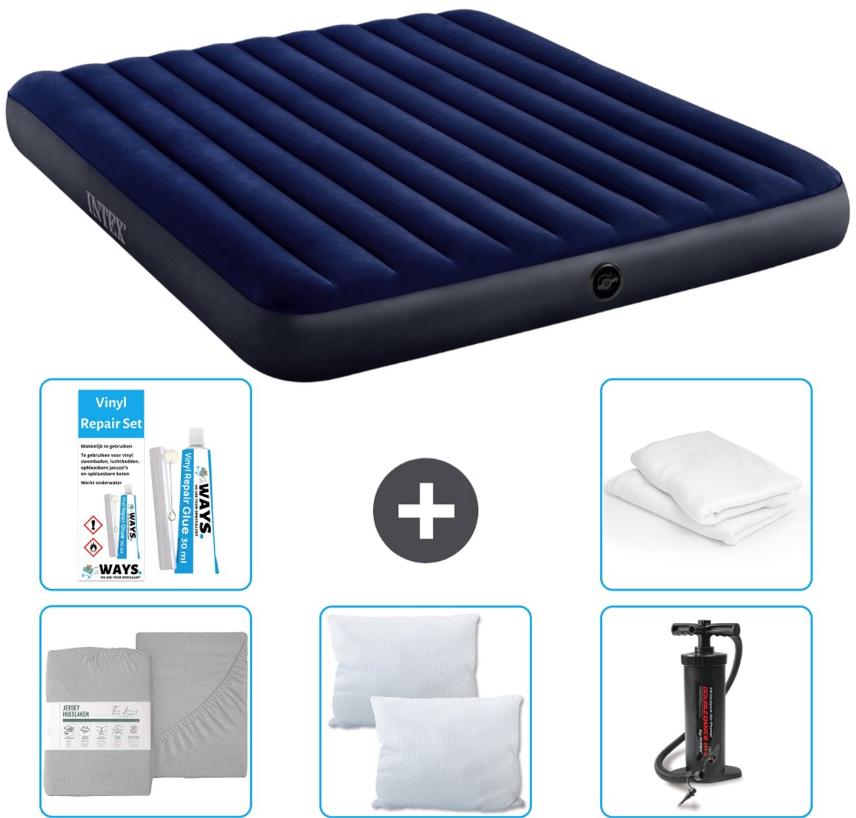 Intex Luchtbed - 2-Persoons - 183 x 203 x 25 cm - Blauw - Inclusief Hoeslaken - Kussen - Pomp - Reparatieset en Kussenbeschermer