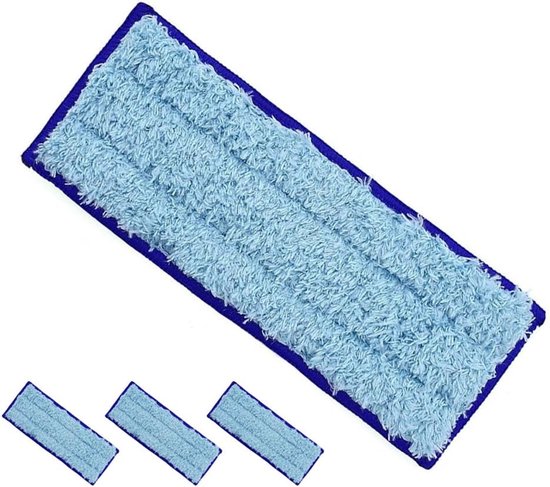 Lichtblauwe dweilpad met donkerblauwe rand, op de voorgrond drie kleinere identieke pads.