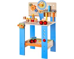 Kinderwerkbank, 62-Delig, Houten Gereedschapsbank voor Kinderen Vanaf 3 Jaar, Speel- en Bouwgereedschap met Realistische Details