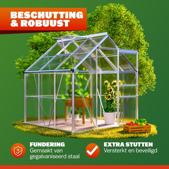 Beschermende en robuuste kas met fundering van gegalvaniseerd staal en extra stutten.