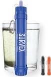Blauw, zwart en oranje SURVEX waterfilter bij glazen water. Met karabijnhaak.