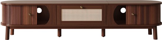 Donkerhouten tv-meubel met rieten middenvak, ronde zijvakken en messing knoppen.