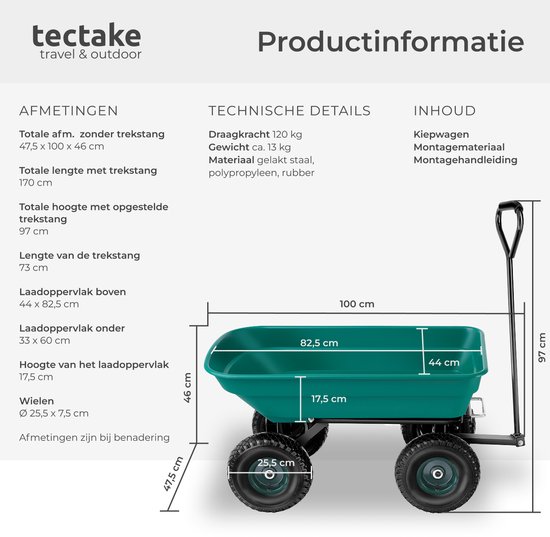 tectake® Handkar met Kantelfunctie - Soepele Stuuras, Luchtgevulde Rubber Banden - Kantelbare Handkar voor in de Tuin - Groen (Volume 52 L/Max Load 120 Kg) van Merkloos — afbeelding 3
