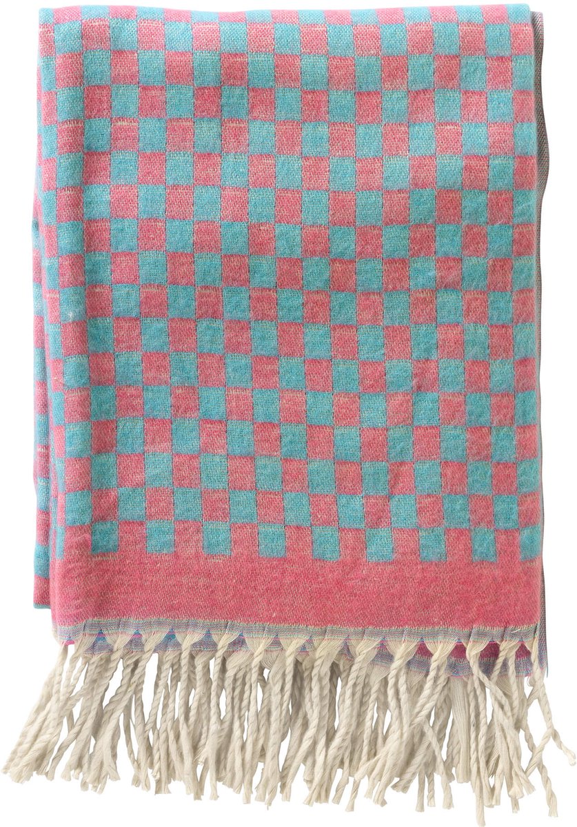 Dutch Decor CRISTAL - plaid 130x170 cm - geblokt - franjes - Aqua Splash - blauw, roze Lichtblauw