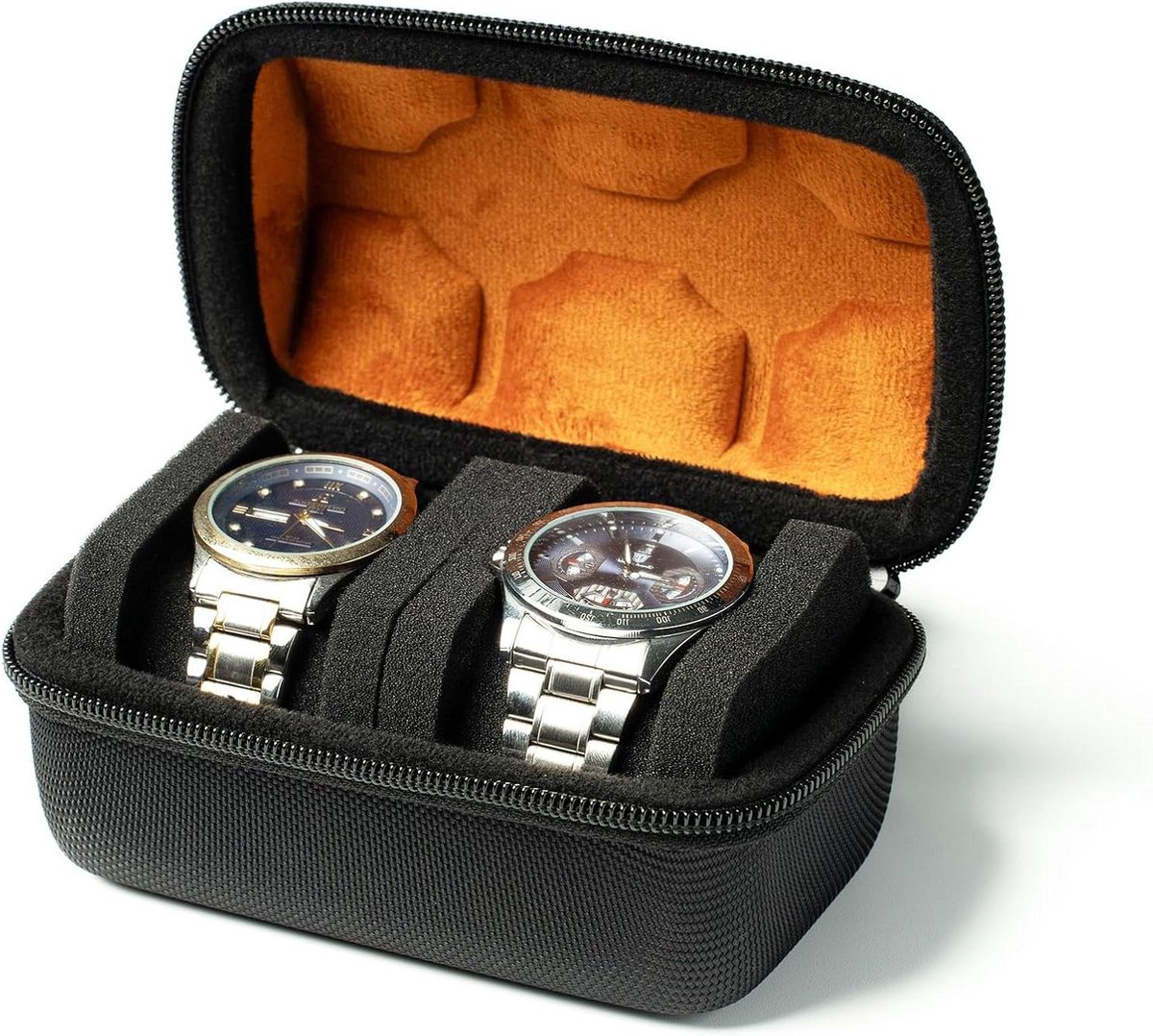 2 Slot Horloge Roll Travel Case - Harde Rits Organizer Doos voor Groot Horloge met Anti-Move Horloge Kussen (Zwarte 2 Slot Microfiber Voering)