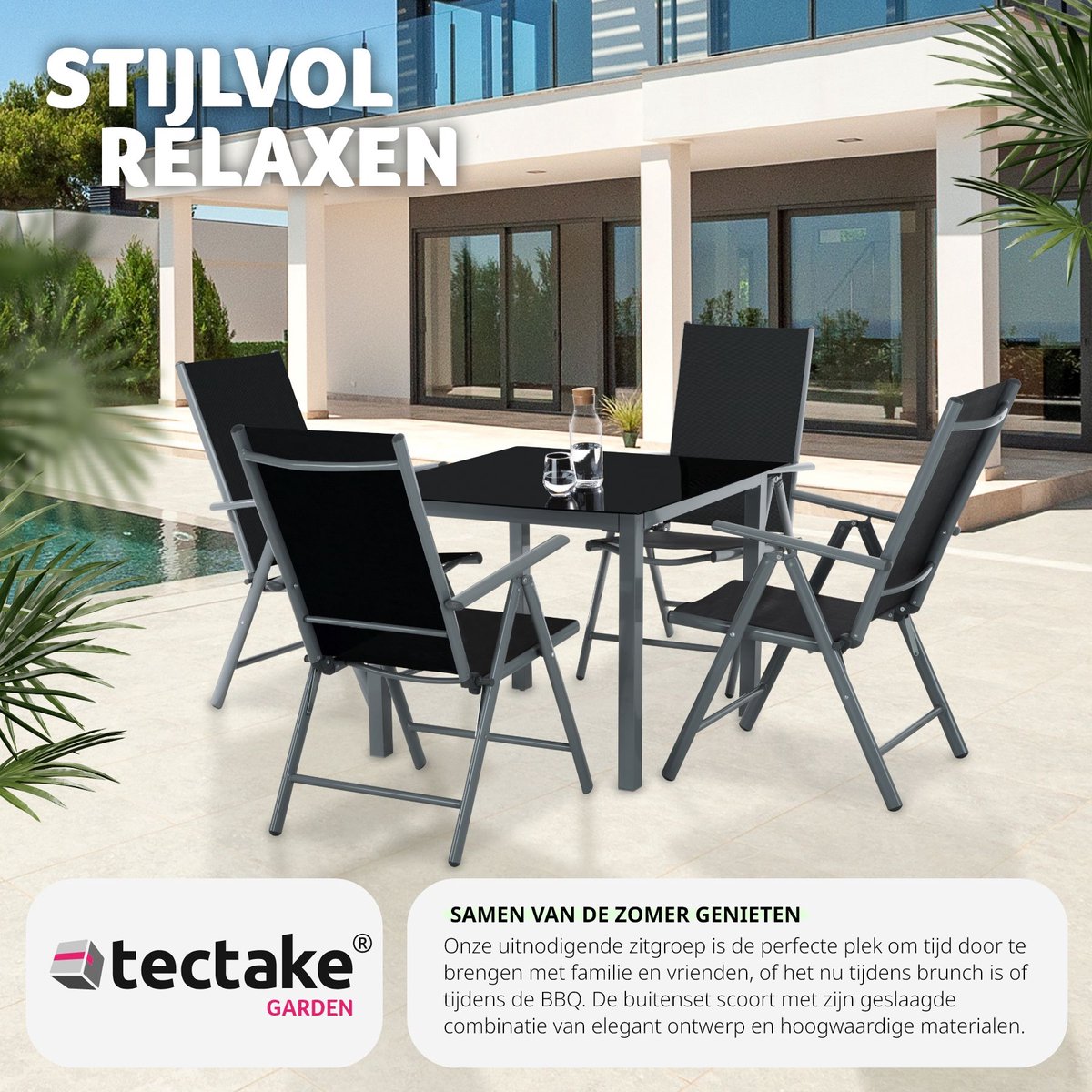 tectake® - Aluminium Tuinset - Zitgroep met 4 Tuinstoelen en 1 Tuintafel - Donkergrijs - Tuinmeubelset voor 4 Personen - Weerbestendig en UV-bestendig - Stoelen met verstelbare Rugleuning - Tuintafelset – foto 2