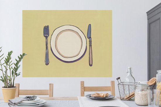 Muurstickers - Sticker Folie - Illustratie - Bord - Bestek - Beige - 120x90 cm - Plakfolie - Muurstickers Kinderkamer - Zelfklevend Behang - Zelfklevend behangpapier - Stickerfolie
