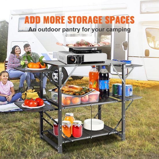 Camping Keukentafel Aluminium Opvouwbaar Draagbaar Outdoor Kookstation met 4 Ijzeren Zijkanten 2 Planken en Draagtas Snelle Installatie voor Picknick, BBQ, Strand, Reizen etc. van Camping — afbeelding 5
