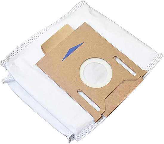Un sac à poussière blanc avec une façade en carton brun et une flèche bleue.
