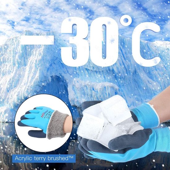 Gants bleus tenant des glaçons dans un environnement glacé affichant '-30°C'.