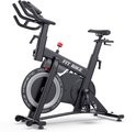 Zwarte FitBike spinfiets met magnetische weerstand en trainingscomputer, in ¾ aanzicht op witte achtergrond.
