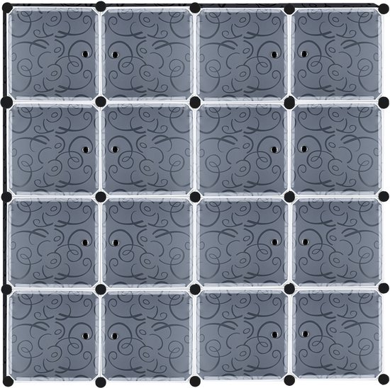 Grijs modulair kastrek van 4x4 panelen met een sierlijk, krullend patroon.