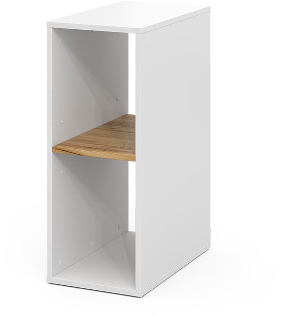 Wit meubel met één eikenhouten plank.