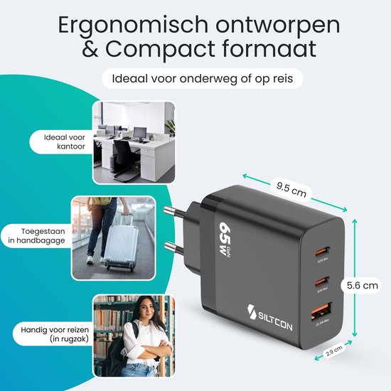 Siltcon® 3-in-1 Snellader USB-C 65W - USB C Adapter - Oplader USB-C - 2x USB-C PD 65W - 1x USB-A PD 22.5W - GaN Technologie - Universeel o.a. Telefoons, Laptops - Extra Compact