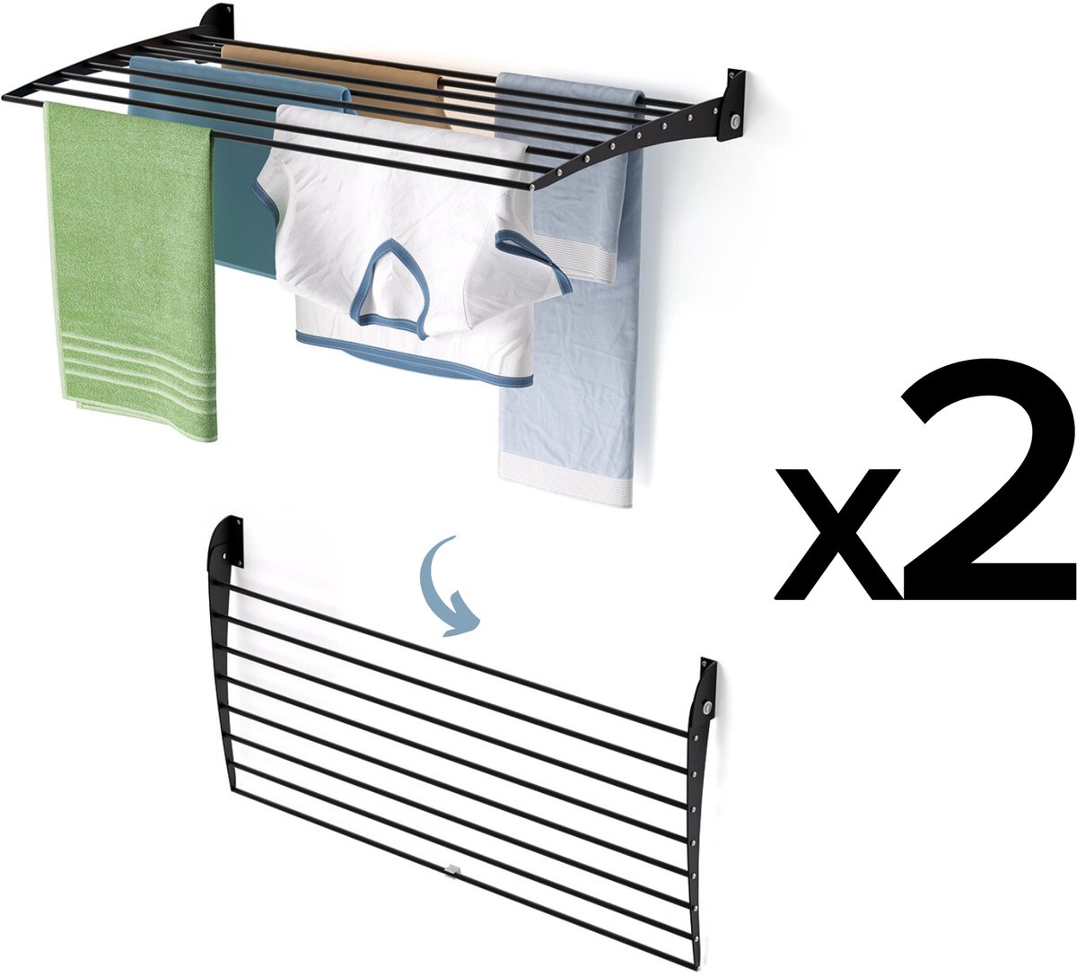 2x Foxydry Fold 100 DOWN - black - wasdroogrek wandmontage clicksysteem - neerwaartse sluiting - 100 x 50 x 10 cm