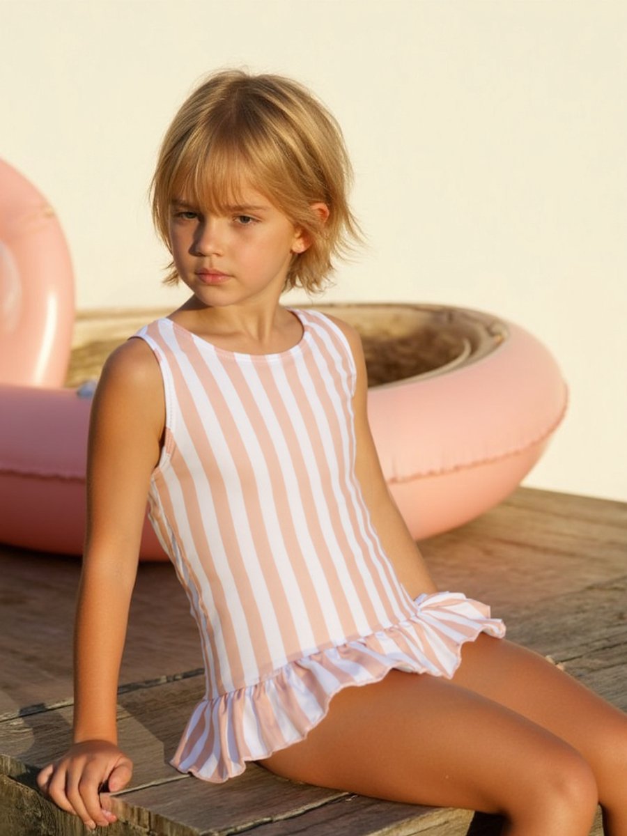 Joya Kids® Badpak Gestreept Roze Wit met Ruches Meisjes | Zwempak met ruches Strepen Zacht Roze | Zwempak Gekruisde Rug Kind | Meisje Streep Bikini Zomer | Kinderbadpak Peuter | — afbeelding 7