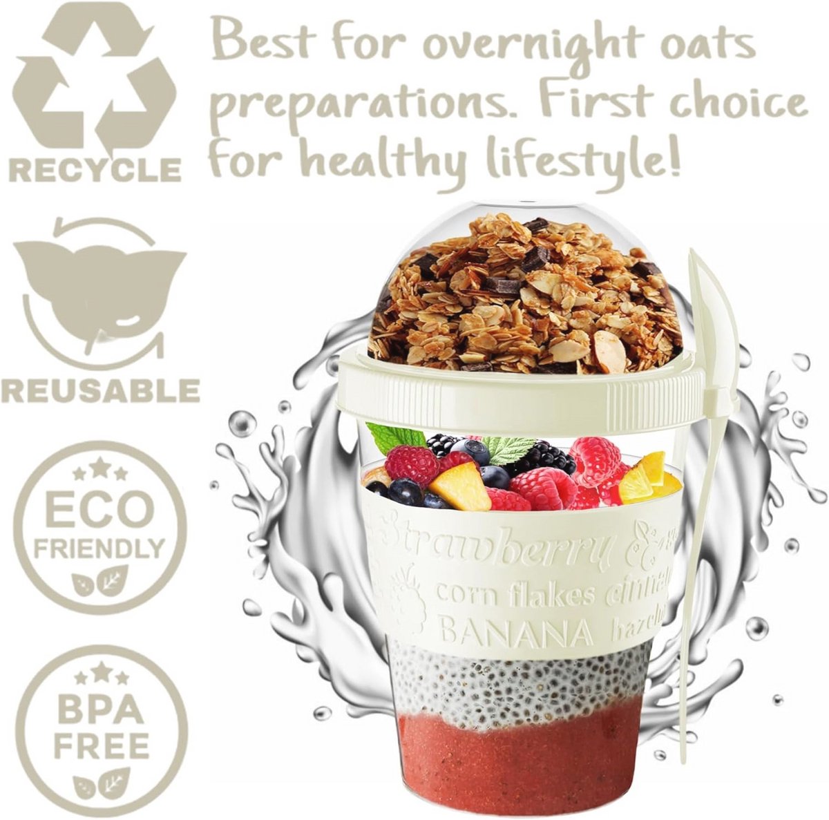 VL Yoghurtpotten, 2 stuks, herbruikbare yoghurtcontainer van 800 ml met lepel en vork, BPA-vrije ontbijtpotten om mee te gaan, muesli ontbijtgranen onderweg, vaatwasmachinebestendig, lunchbox