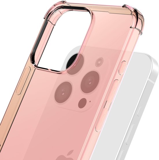 Detail van het lichtroze transparante hoesje voor iPhone 16 Pro Max, focus op de zijkant en camera.