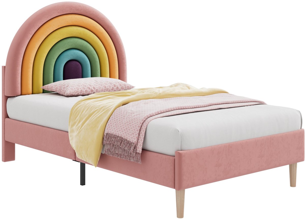 Merax Kinderbed 90x200 – Roze Velvet met Regenboog Hoofdbord